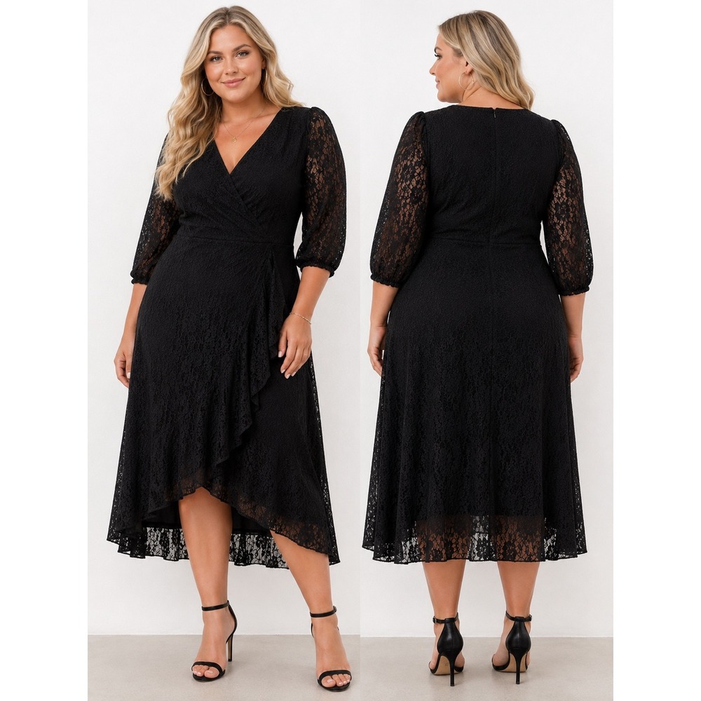 Ever Pretty Lace Midi Dress 16 Black V-Neck Ruffle High Low Hem Goth